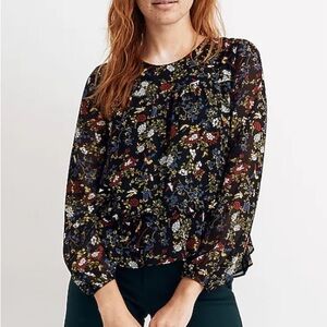 Madewell Sheer Long Sleeve Peplum Top Floral Birds Boho Cottagecore Spring